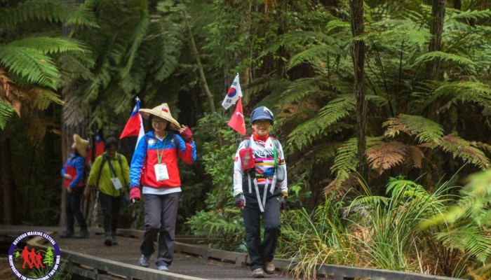 Two people walking in a forest in Rotorua